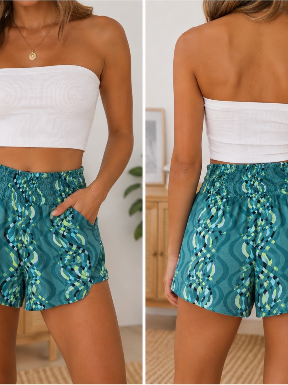 O’Neill Teal Geometric Smocked Waist Shorts – Size Medium